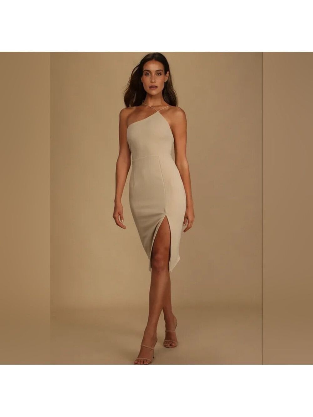 Lulus - Happiest Hour Beige Asymmetrical Bodycon Midi Dress
